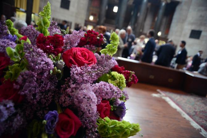 A bouquet of flowers inside the Low Library Rotunda.