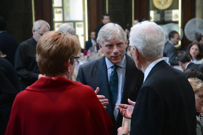 Lee C. Bollinger, president of Columbia University (center), speaks with Kathleen Carrol of the Associated Press and Pulitzer administrator Sig Gissler.