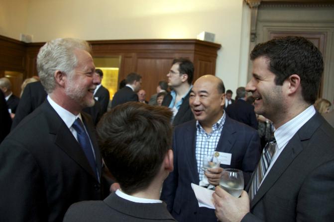 (left to right) Gary Porter, of the Milwaukee Journal Sentinal (an Explanatory Reporting winner), Zhou Long (Music winner) and Todd Waldman of Oxford University Press. 
