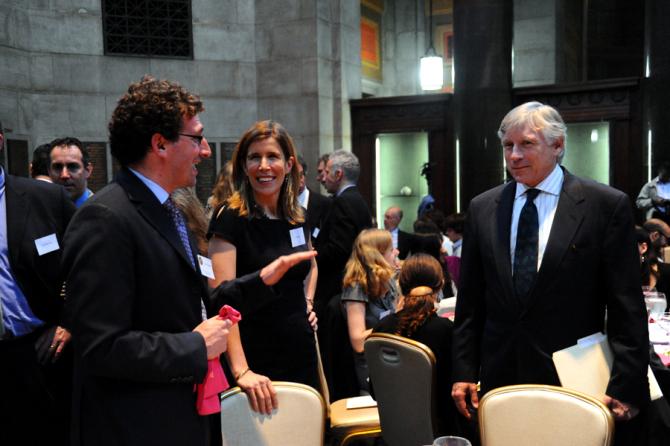 Jesse Eisinger of ProPublica (a National Reporting winner), Sarah Ellison, and Columbia University President Lee C. Bollinger.