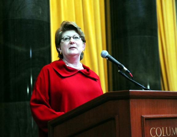 Pulitzer Prize Board Co-chair Kathleen Carroll delivers her remarks.