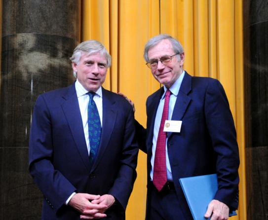 Lee C. Bollinger (left) presents the 2011 Pulitzer Prize in History to Eric Foner.