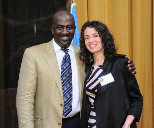 Gregory Moore presents the 2012 Pulitzer Prize in Drama to Quiara Alegría Hudes.