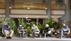 At left, Jelani Cobb, Pulitzer board member and moderator, in conversation with Pulitzer winners (from left to right): 2026 Fiction winner Daniel Kraus, 2025 Fiction winner Percival Everett, 2026 Biography winner Amanda Vaill, 2021 Breaking News Photography winner, Jon Cherry of Getty Images.